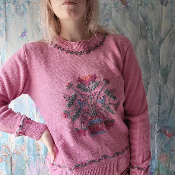 Vintage Sweaters - Vintage 70s Sweater Mauve Embroidery Detail Size Medium